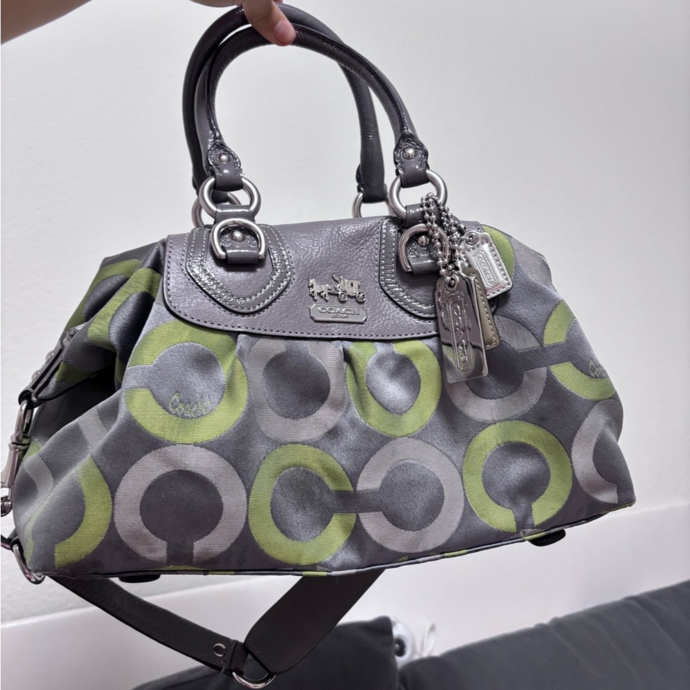 Coach Gray and Green Satchel with Signature Monogram